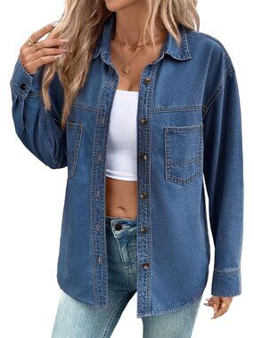 Women's Blue Oversized Long Sleeve Button Down Blouse Top V Neck Denim Shirt